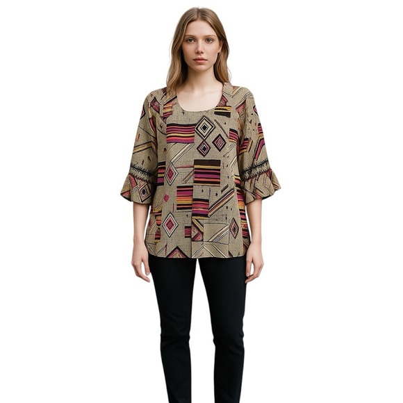 Julie Brown Multi-Color Geometric Print Blouse - Picture 1 of 5